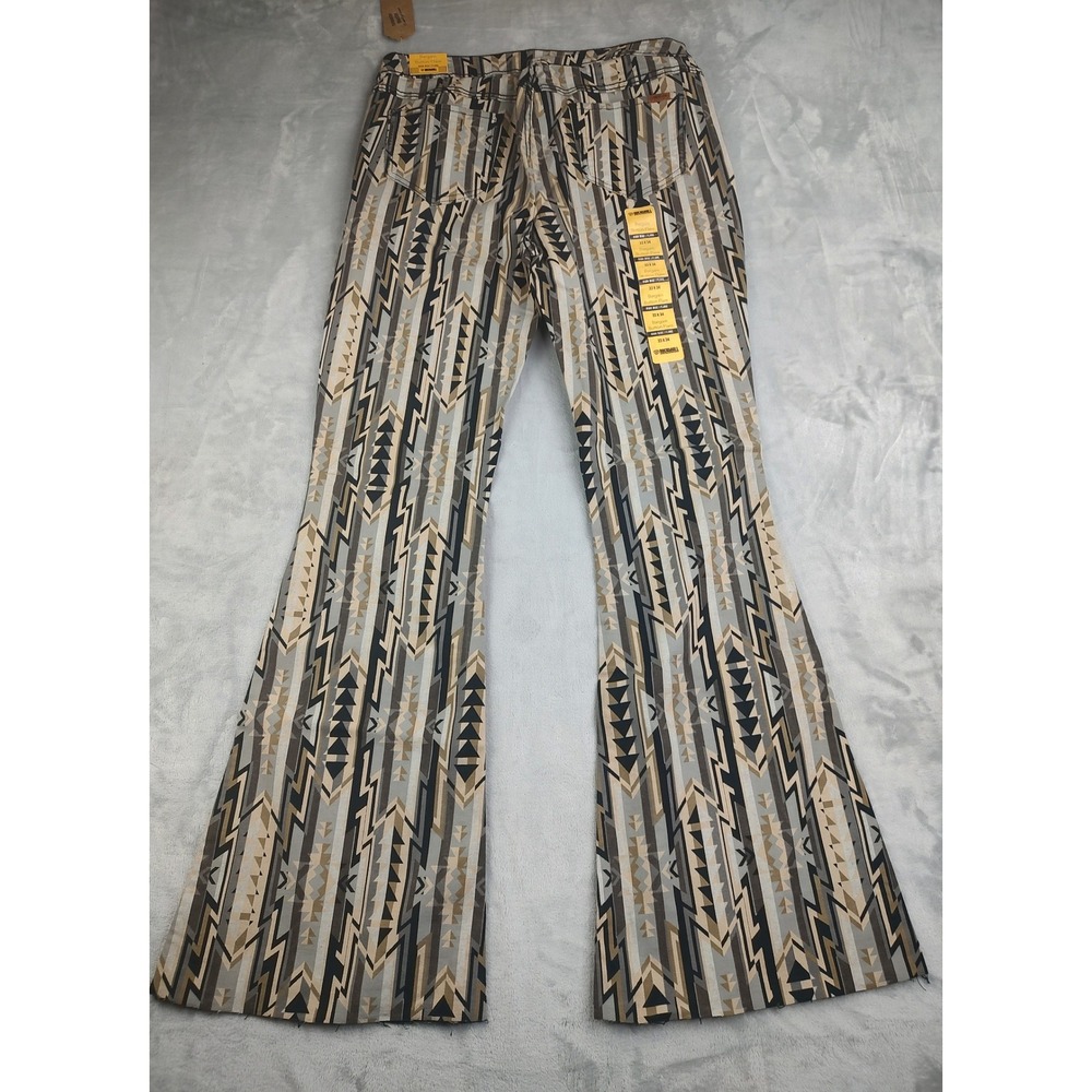 Rock & Roll Denim Bargain Button Flare Jeans 33x34 Geometric Print High Rise - Picture 4 of 11